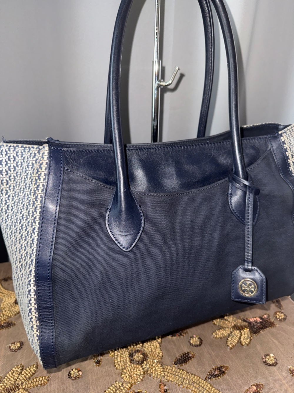 Tory Burch denim Navy Canvas and Leather Tote with Logo Charm